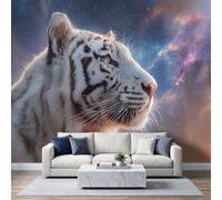 Papel pintado fotográfico no tejido, 300 x 210 cm, Animales Salvajes Papel pintado panorámico de alta calidad, para sala de estar y dormitorio, Tigre blanco nebulosa galáctica Niños Adolescentes