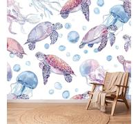 Papel pintado fotográfico no tejido, 350 x 256 cm, para salón, dormitorio, habitación infantil, efecto 3D, tortuga marina, medusas, burbujas, sirena