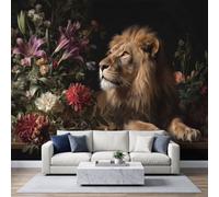 Papel pintado fotográfico no tejido, 350 x 256 cm, retro barroco papel pintado panorámico de alta calidad, para sala de estar y dormitorio, león flores revestimiento de pared
