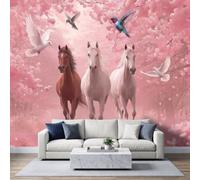 Papel pintado fotográfico no tejido, 500 x 280 cm, ilustración estética moderna, papel pintado panorámico de alta calidad, para sala de estar y dormitorio, caballos, flores cerezo, pájaros, dormitorio
