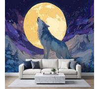 Papel pintado fotográfico no tejido de 450 x 315 cm, ilustración realista, fantasía, papel pintado panorámico de alta calidad, para sala de estar y dormitorio, lobo luna acantilado nevado dormitorio