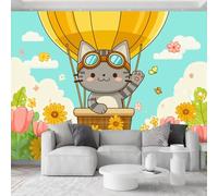 Papel pintado fotográfico no tejido lindo gatito arbustos flores, 300 x 210 cm, papel pintado panorámico, globo aerostático de dibujos animados póster de pared, tapicería fotográfica para sala de