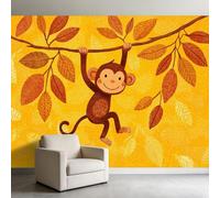 Papel pintado fotográfico no tejido pequeño mono hojas otoño 350 x 256 cm papel pintado panorámico, dibujos animados de animales, cartel de pared, tapicería fotográfico, para sala de estar, dormitorio