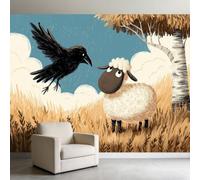 Papel pintado fotográfico panorámico 3D de animales de caricatura, cuervo, oveja, 250 x 175 cm, papel pintado fotográfico, amarillo, no tejido, impresión artística de alta calidad, mural, decoración