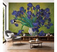 Papel Pintado Jarrón Iris Morado Flores Pintadas Al Óleo Estilo Vintage 300 × 210 Cm Fotomurales Pared Seda Decorativos Murales Fotográfico De Paredes Salón Dormitorio Amarillo Verdoso Mostaza