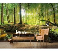 Papel Pintado Mural Foto Bosque Arroyo Verde Árboles con Adhesivo 144x100" Vlies
