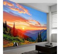 Papel Pintado Paisaje De Montaña Amanecer Bosque Naturaleza 250 x 175 cm, Fotomural para Paredes Mural - Decoración de Pared para Salón Habitaciones Color Naranja