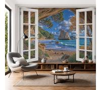 Papel Pintado Panorámico 3D 400x280cm Playa Rocosa Fotomurales Pared Seda Paisaje Costero Realista Fotográfico XXL Decorativos Murales para Dormitorio Salón Estudio, Azul Marino