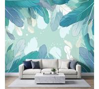 Papel pintado panorámico de 400 x 280 cm, diseño decorativo, pluma, color turquesa verde menta, papel pintado, para sala de estar, dormitorio infantil, decoración de pared