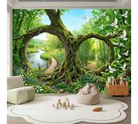 Papel pintado panorámico de fantasía paisaje de árboles pájaros mariposas flores 3D diseño de pared tapiz fotográfico, decoración de pared sin tejidos, 250 x 175 cm