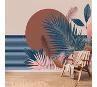 Papel pintado panorámico minimalista boho gris círculos rayas hojas 3D pared diseño, tapiz fotográfico para sala de estar, dormitorio infantil, decoración de pared sin tejidos, 250 x 175 cm