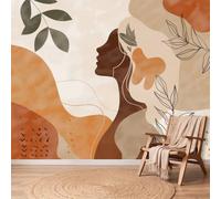 Papel pintado panorámico minimalista boho marrón niña flores hojas líneas 3D pared diseño tapiz foto para sala de estar, dormitorio infantil decoración de pared sin tejidos, 200 x 140 cm