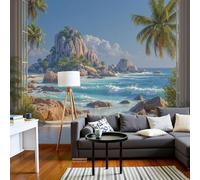 Papel pintado Rocas naturales Palmeras, Playa tropical, Papel pintado no tejido XXL para dormitorio y sala de estar, Decoración de pared azul, Revestimiento de pared, 300 cm x 210 cm Pegatinas - Cuadr