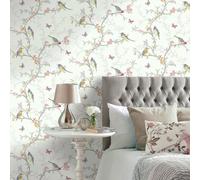 Papel pintado romántico de pájaros y mariposas en ramas de árbol - Birdie 564686 de GAULAN - Rollo de 10 m x 0,53 m Turquoise 10m x 0.53m roll