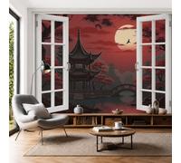 Papel Pintado Vista Desde Una Ventana Japonés Salón Dormitorio 200x140cm - Fotomurales Pared Vista Nocturna Pabellón Retro Seda Decorativos Murales Fotográfico XXL Moderno Decoración de Paredes, Rojo
