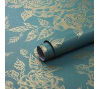 Papel tapiz autoadhesivo de vinilo, resistente al agua y al aceite, con estampado floral en tonos dorados y azules – 3 m x 0,44 m, se retira sin dejar residuos, ideal para paredes, puertas y muebles