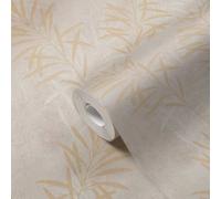 Papel Tapiz Con Patrón Floral De Palmas - Crema, Gris, Oro