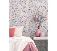 Papel Tapiz Con Patrón Floral - Gris Claro, Azul, Rosa
