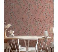Papel Tapiz Con Suaves Ramas De Flores - Rosa, Verde, Rojo