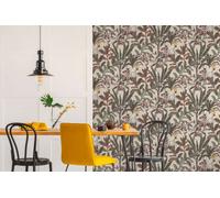 Papel Tapiz De Selva Con Loro En Diseño Vintage - Verde, Crema, Rosa