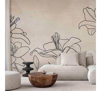 Papel tapiz de tejido no tejido - Dibujo de la naturaleza - Diseño minimalista con líneas que representan flores de lirio sobre un fondo beige. Dimensiones: 450 x 315 cm. Referencia: b-A-10131-a-a