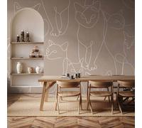 Papel tapiz de tejido no tejido - Diseño de líneas de gatos - Dibujos minimalistas de gatos blancos sobre fondo beige. Dimensiones: 350 x 245 cm. Artículo: Tiere g-A-10035-a-c
