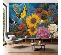 Papel Tapiz Fotográfico 3D Girasoles Margaritas Mariposas 250 × 175 Cm Papel Pintado Panorámico, Jardín Pintado Al Óleo Realista Murales Decoración Pared Moderna Para Cuarto De Niño, Salón,Amarillo