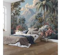 Papel Tapiz Fotográfico 3D Paisaje tropical 200x140cm Papel Pintado Panorámico, Palmeras, montañas nevadas y ríos Murales Decoración Pared Moderna para Cuarto de Niño, Salón, Oficina Azul verdoso