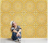 Papel Tapiz Fotográfico Azulejos Islámicos Moriscos, 300x210cm Papel Pintado Panorámico Patrón De Cuadrícula De Mandala Mural de Pared Decoración De Pared para Sala Cuarto Oficina Salón, Ámbar