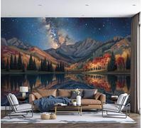 Papel Tapiz Fotográfico Bosque Galaxia Cielo Estrellado 300x210cm Papel Pintado De Mural Montañas Y Lagos Fotográfico de Seda Decoración de Pared para Sala Cuarto Oficina Salón, Azul Marino