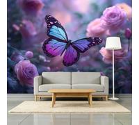 Papel tapiz fotográfico morado profundo, 200 x 140 cm, arte de anime, mariposa, rosa, fantasía, cielo estrellado, papel pintado extraíble, arte de pared morado para dormitorio, guardería, chimenea