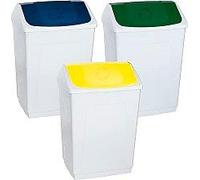 Papelera 55 litros blanca con tapa basculante, diseño rectangular y f