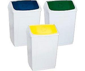 Papelera 55 litros blanca con tapa basculante, diseño rectangular y f