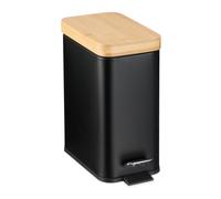 Papelera de baño cuadrada, 5 l, x 14 x 29 cm, metal con de bambú, negra, pedal con cierre , interior extraíble de plástico con asa, para baño, tocador y , de basura, papelera cosmética, Relaxdays