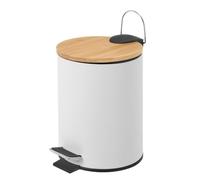Papelera de baño de Pedal Blanca Mate Redonda de 3 litros con Tapa de bambú | Cuerpo de metal antihuellas. Cubo interior extraíble de propileno negro con asa. Ideal para baños y habitaciones pequeñas