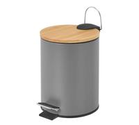 Papelera de baño de Pedal Gris Mate Redonda de 3 litros con Tapa de bambú | Cuerpo de metal antihuellas. Cubo interior extraíble de propileno negro con asa. Ideal para baños y habitaciones pequeñas