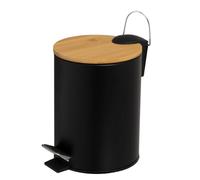 Papelera de baño de pedal negro mate redonda de 3 litros con tapa de bambú | Cuerpo de metal antihuellas. Cubo interior extraíble de propileno negro con asa. Ideal para baños y habitaciones pequeñas