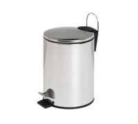 Papelera de baño de pedal redonda de 3 litros de acero inoxidable plateado | Cuerpo de metal cromado. Cubo interior extraíble de propileno negro con asa. Ideal para baños y habitaciones pequeñas