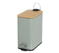 Papelera de pedal de metal verde con tapa de bambú de 5litros de 25x14x27cm | Ideal para baño, dormitorios o despacho. Incluye cubo interior extraíble con asa para un vaciado fácil e higiénico.
