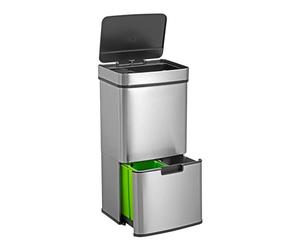 Papelera de reciclaje 67L (42L+25L), cubo de basura con 2 compartimentos, apertura automática con sensor, en acero inoxidable