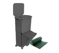 Papelera de reciclaje de clasificación selectiva con pedal, ruedas y asa de doble compartimentos de 38L (24L + 14L) gris antracita INCLUYE regalo bolsas de basura