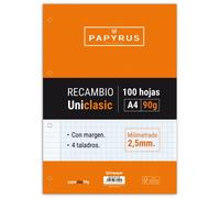PAPYRUS RECAMBIO UNICLASIC A4 100h 90g 4 TALADROS MILIMETRADO C/MARGEN (Set de 24)