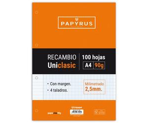 PAPYRUS RECAMBIO UNICLASIC A4 100h 90g 4 TALADROS MILIMETRADO C/MARGEN (Set de 24)