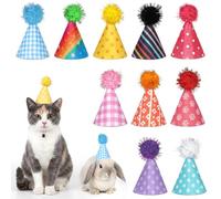 Paquete de 10 mini sombreros de fiesta para perros pequeños, gatos, cumpleaños, diadema ajustable, coloridos sombreros de fieltro con pompones para cachorros, gatitos, accesorios de aseo de mascotas