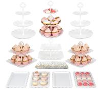 Paquete de 10 soportes para tartas NWK con 3 soportes para cupcakes de dos niveles + 3 soportes para cupcakes de tres niveles + 4 bandejas de aperitivos, perfecto para cumpleaños, baby shower, fiesta