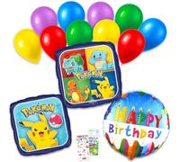 Paquete de 13 globos de Pokémon - Paquete con 2 globos de aluminio con Pikachu, Charmander, Bulbasaur, Squirtle Plus, globos de cumpleaños, calcomanías, más | Decoraciones de Pokémon para fiestas
