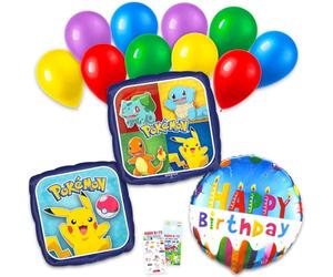 Paquete de 13 globos de Pokémon - Paquete con 2 globos de aluminio con Pikachu, Charmander, Bulbasaur, Squirtle Plus, globos de cumpleaños, calcomanías, más | Decoraciones de Pokémon para fiestas