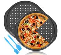 Paquete de 2 bandejas antiadherentes para pizza de 14 pulgadas, bandeja perforada para hornear con cepillo de aceite y raspador con agujeros, bandeja redonda para hornear pizza con asa para hornear