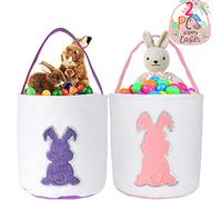 Paquete de 2 bolsas de cesta de conejo de Pascua para niños, bonitas bolsas de lona con conejo con purpurina para decoración de fiesta de Pascua, caza de huevos de Pascua, evento de Pascua