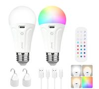 Paquete de 2 bombillas recargables con control remoto, bombillas LED regulables que funcionan con pilas para lámparas y apliques, bombilla de emergencia inalámbrica A19 E26 para corte de energía